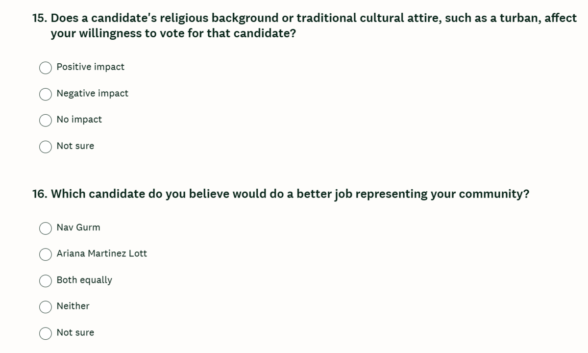 A survey question about the Fresno City Council District 7 race asks about a candidate wearing a turban.